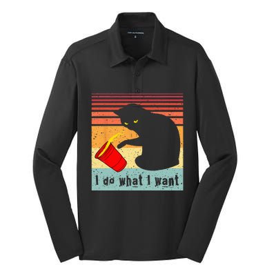 Do What I Want Vintage Black Cat Red Cup Funny My Cat Silk Touch Performance Long Sleeve Polo