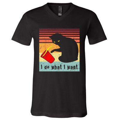 Do What I Want Vintage Black Cat Red Cup Funny My Cat V-Neck T-Shirt