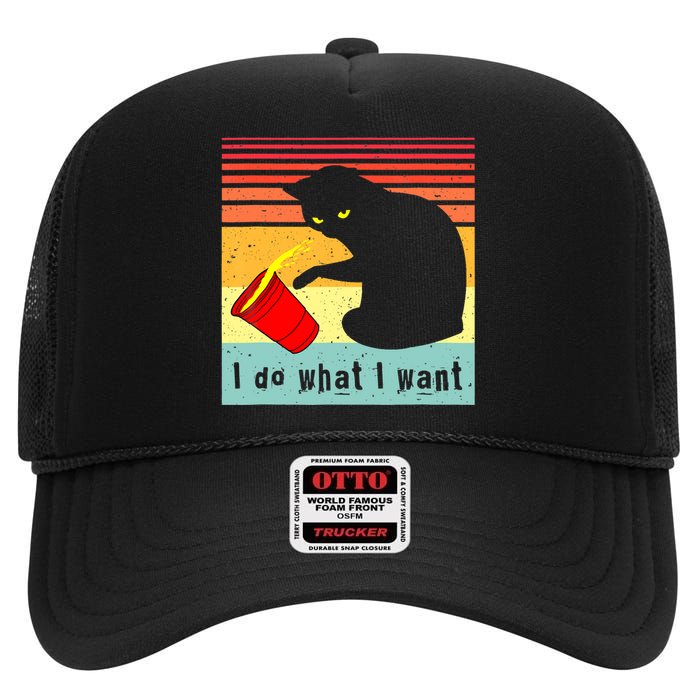 Do What I Want Vintage Black Cat Red Cup Funny Cat High Crown Mesh Back Trucker Hat