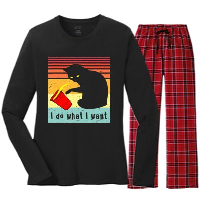 Do What I Want Vintage Black Cat Red Cup Funny Cat Women's Long Sleeve Flannel Pajama Set 