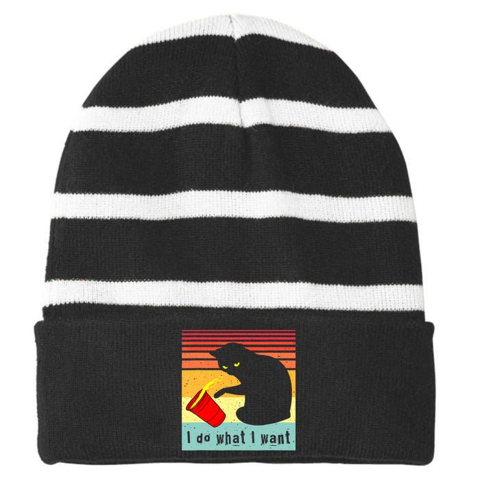 Do What I Want Vintage Black Cat Red Cup Funny Cat Striped Beanie with Solid Band