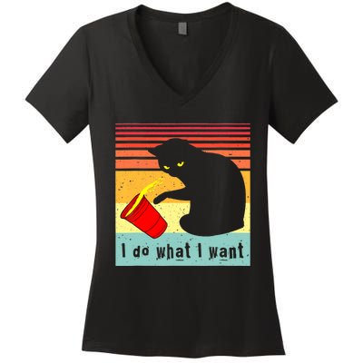 Do What I Want Vintage Black Cat Red Cup Funny Cat Women's V-Neck T-Shirt