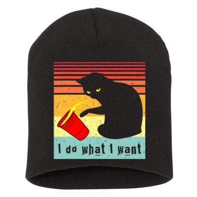 Do What I Want Vintage Black Cat Red Cup Funny Cat Short Acrylic Beanie