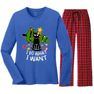 Do What I Want Funny Black Cat Christmas Tree Cat Lady Humor Gift Women's Long Sleeve Flannel Pajama Set 