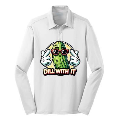 Dill With It Funny Pickle Vegetable Pun Silk Touch Performance Long Sleeve Polo