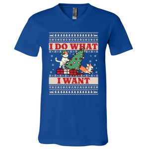 Do What I Want Cat Knocking Over Christmas Tree On Dog Cute Gift V-Neck T-Shirt