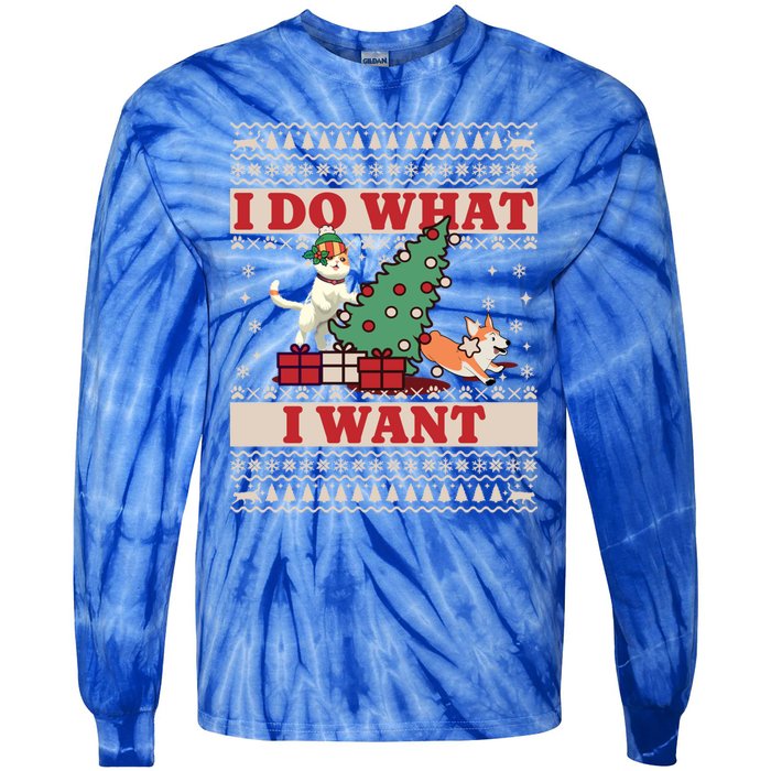 Do What I Want Cat Knocking Over Christmas Tree On Dog Cute Gift Tie-Dye Long Sleeve Shirt