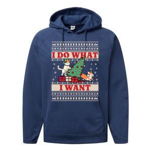 Do What I Want Cat Knocking Over Christmas Tree On Dog Cute Gift Performance Fleece Hoodie