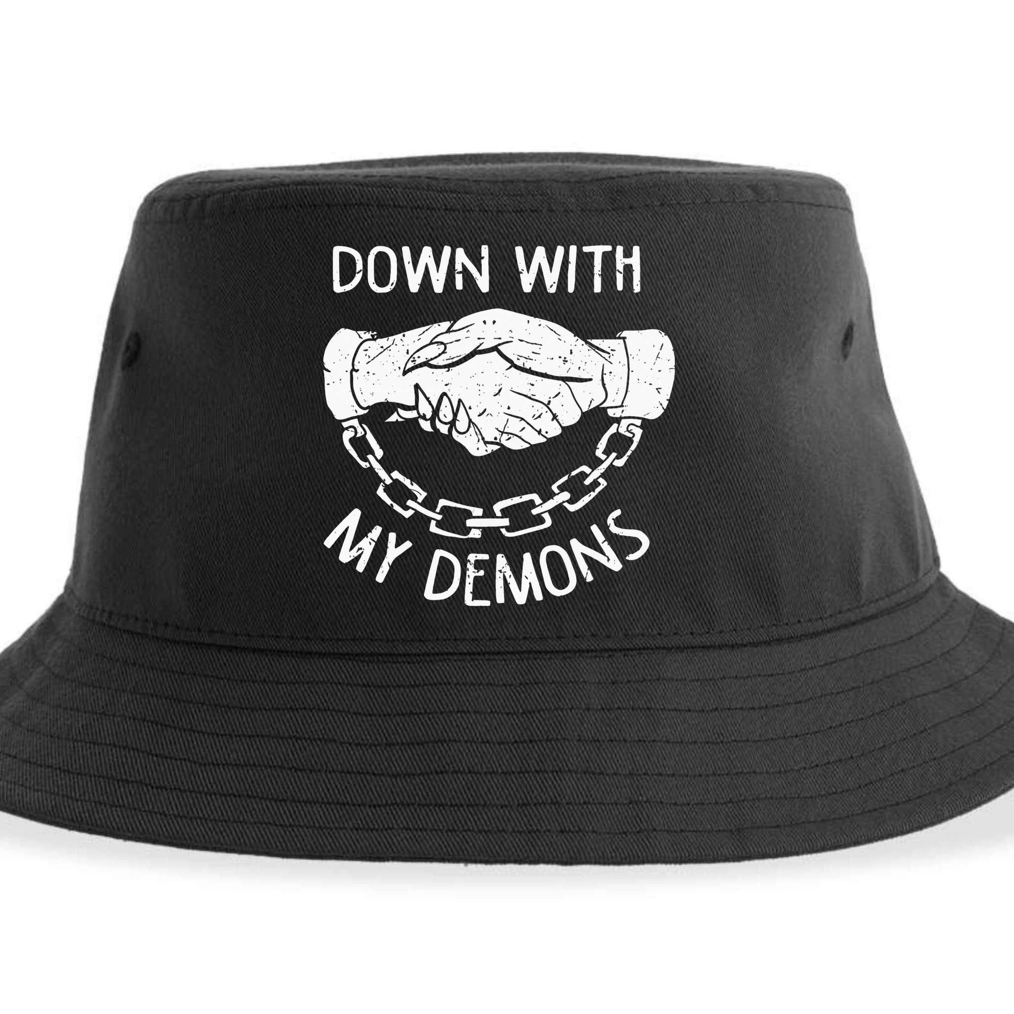 Down With My Demons Deal Handshake Aesthetic Humour Goth Sustainable Bucket Hat