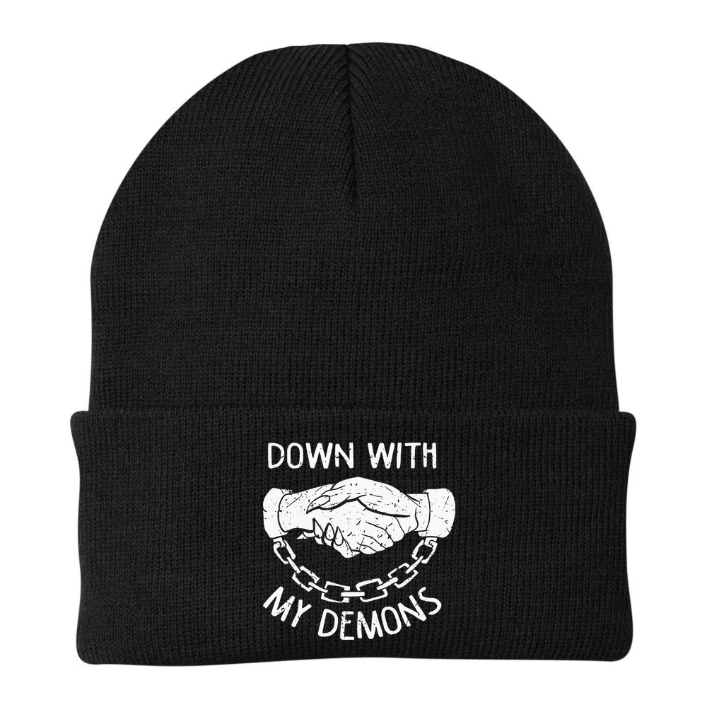 Down With My Demons Deal Handshake Aesthetic Humour Goth Beanie