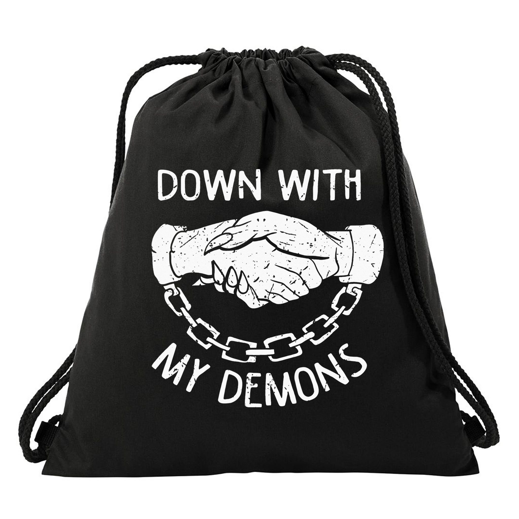 Down With My Demons Deal Handshake Aesthetic Humour Goth Drawstring Bag
