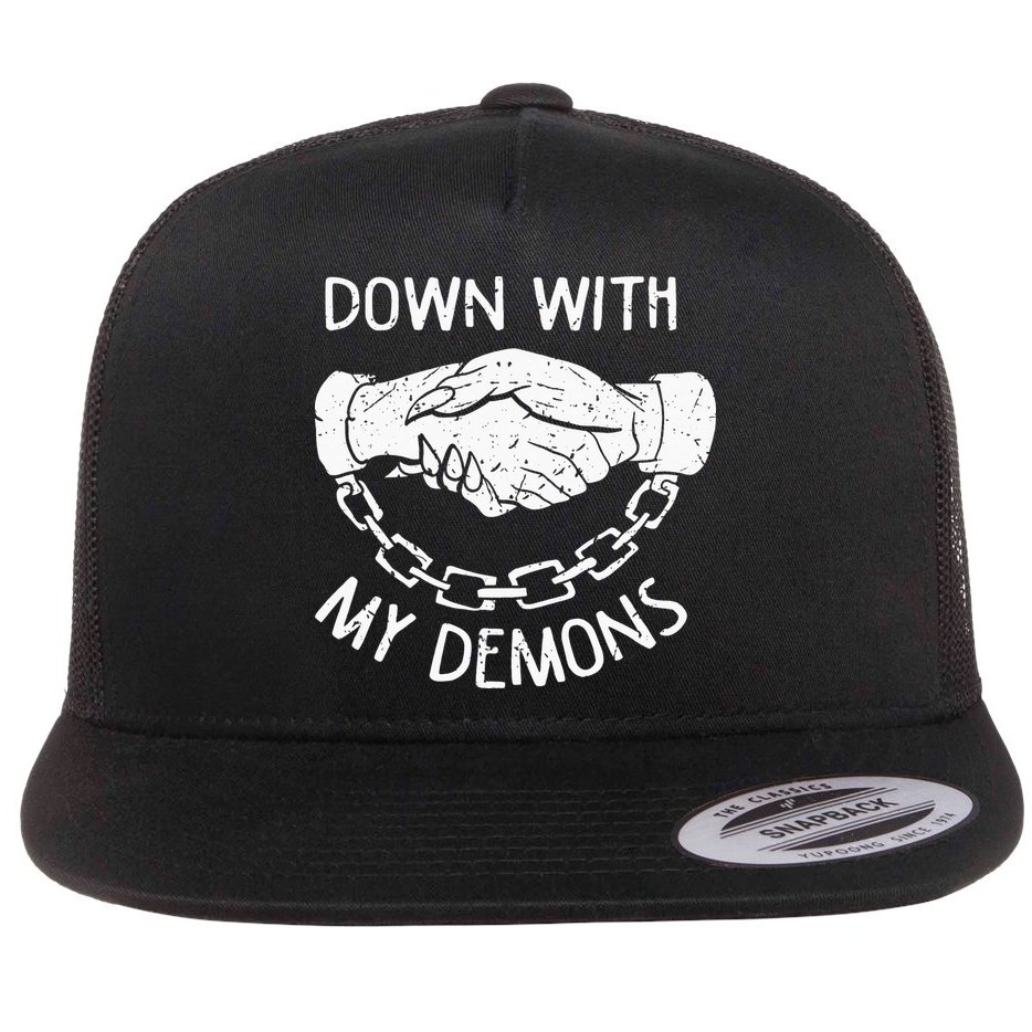Down With My Demons Deal Handshake Aesthetic Humour Goth Flat Bill Trucker Hat