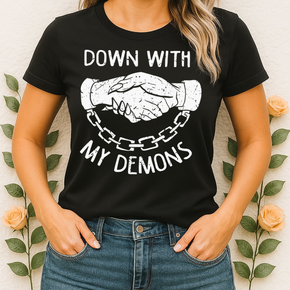 Down With My Demons Deal Handshake Aesthetic Humour Goth Womens T-Shirt