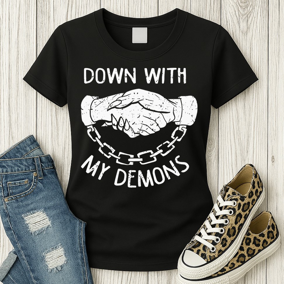 Down With My Demons Deal Handshake Aesthetic Humour Goth Womens T-Shirt
