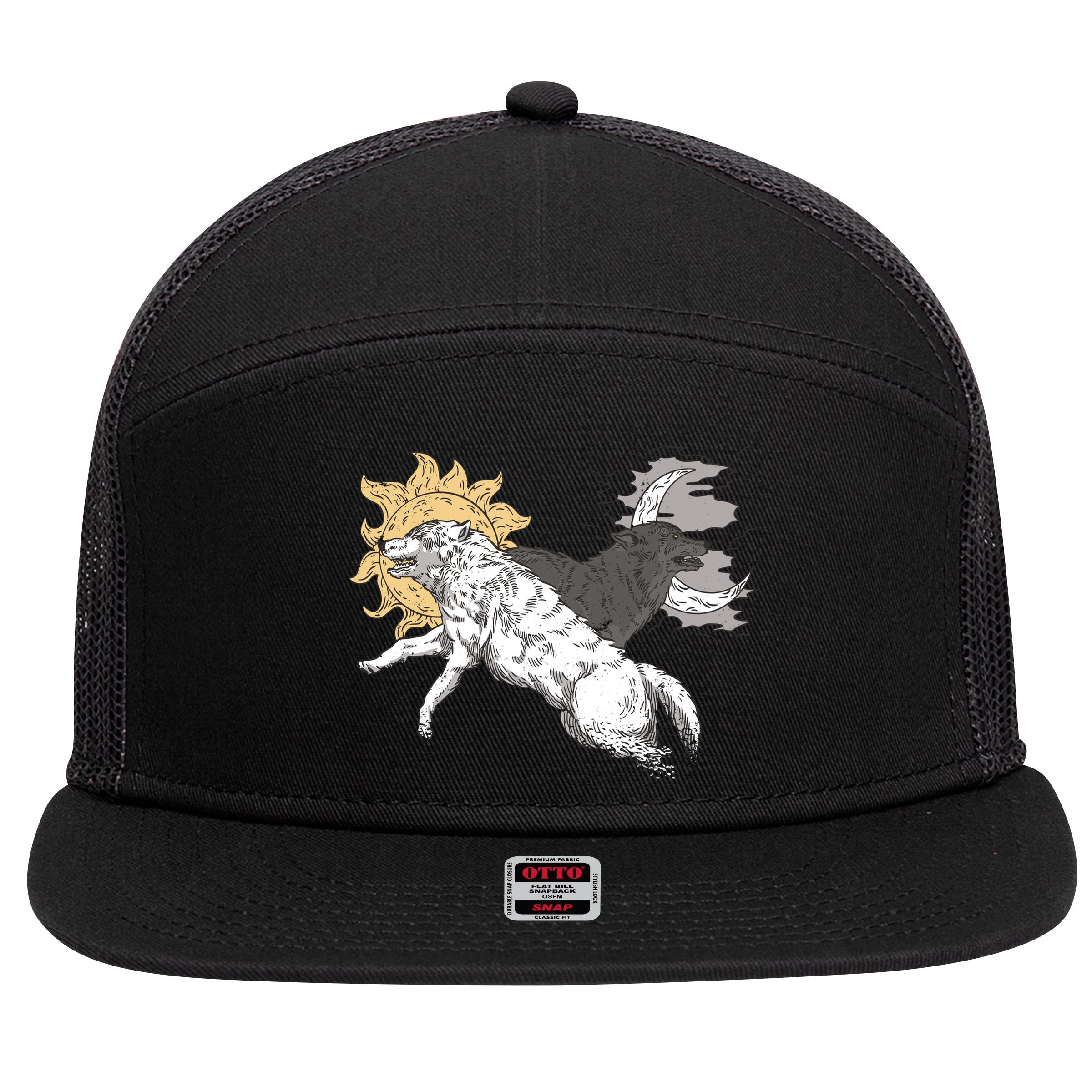 Double Wolf Moon Sun 7 Panel Mesh Trucker Snapback Hat