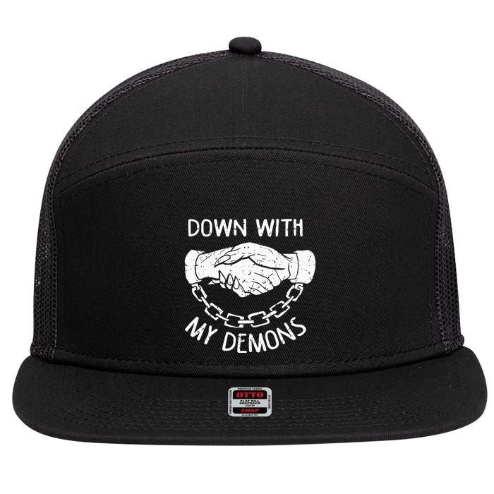 Down With My Demons Deal Handshake Aesthetic Humour Goth 7 Panel Mesh Trucker Snapback Hat