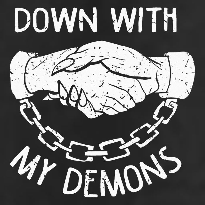 Down With My Demons Deal Handshake Aesthetic Humour Goth 7 Panel Mesh Trucker Snapback Hat