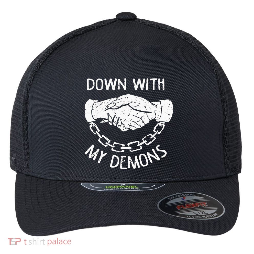 Down With My Demons Deal Handshake Aesthetic Humour Goth Flexfit Unipanel Trucker Cap