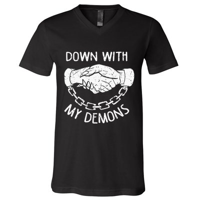 Down With My Demons Deal Handshake Aesthetic Humour Goth V-Neck T-Shirt