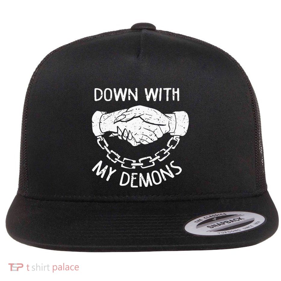 Down With My Demons Deal Handshake Aesthetic Humour Goth Flatbill Hat