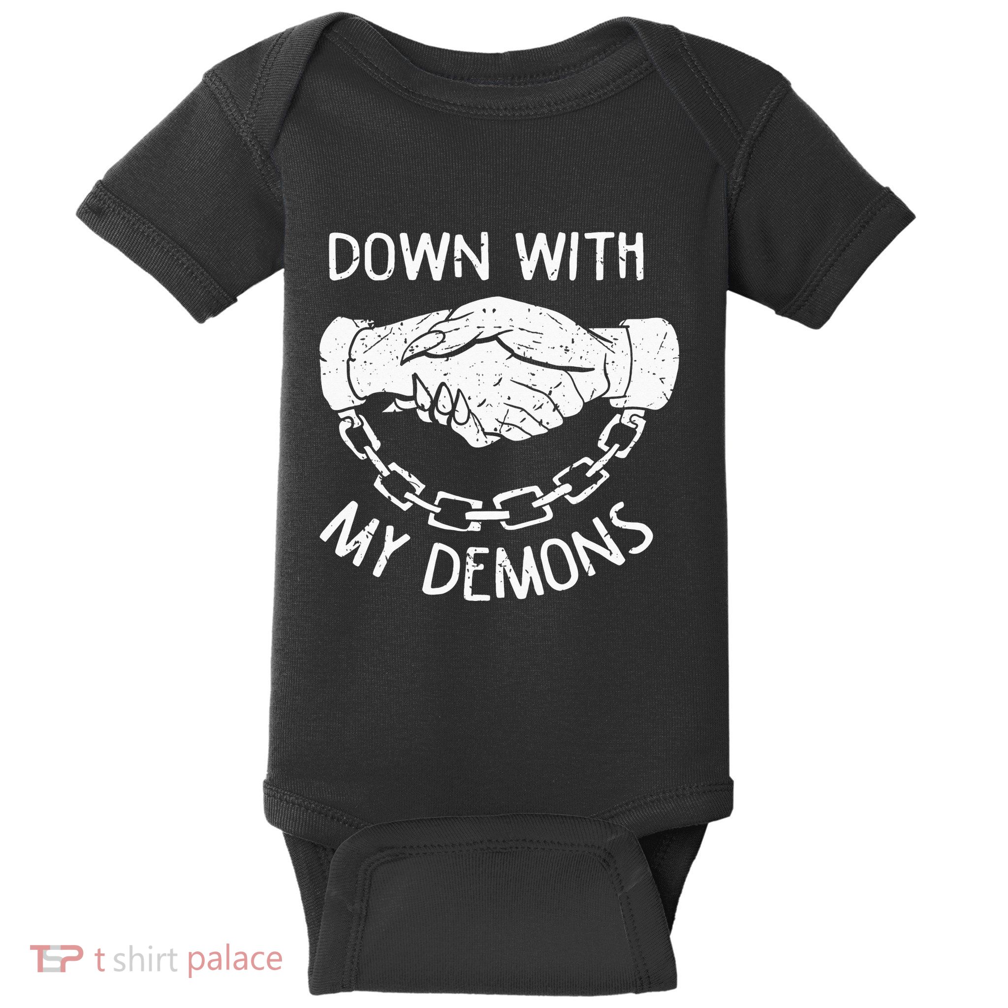 Down With My Demons Deal Handshake Aesthetic Humour Goth Baby Bodysuit