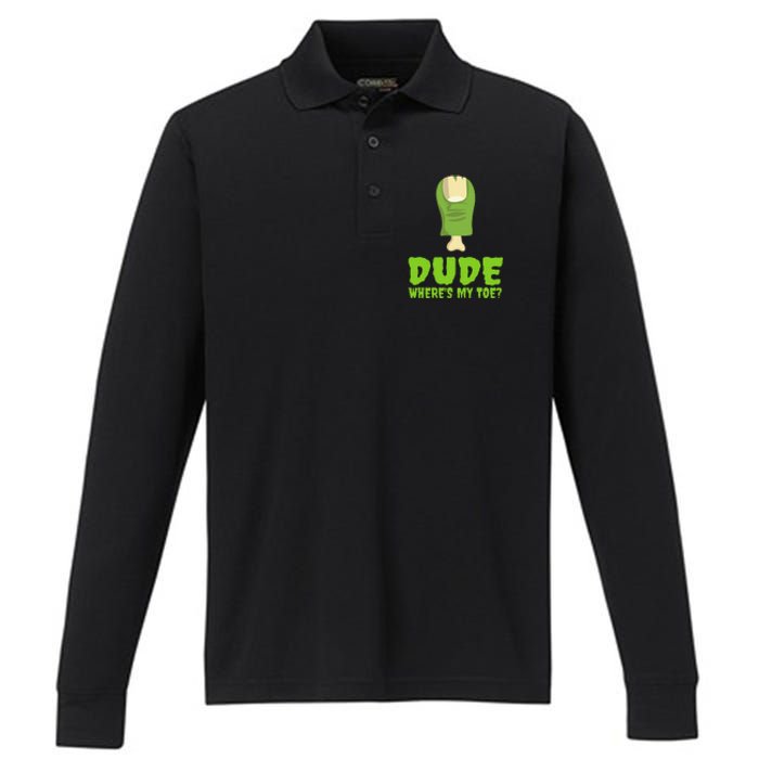 Dude WhereS My Toe Zombie Amputation Leg Amputee Performance Long Sleeve Polo