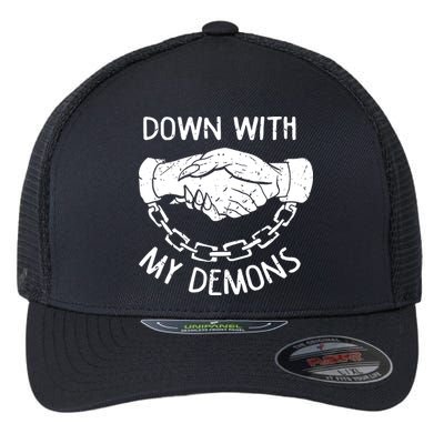 Down With My Demons Deal Handshake Aesthetic Humour Goth Flexfit Unipanel Trucker Cap