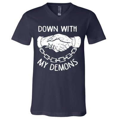 Down With My Demons Deal Handshake Aesthetic Humour Goth V-Neck T-Shirt