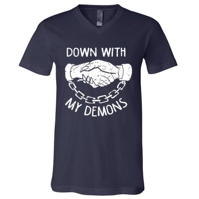 Down With My Demons Deal Handshake Aesthetic Humour Goth V-Neck T-Shirt