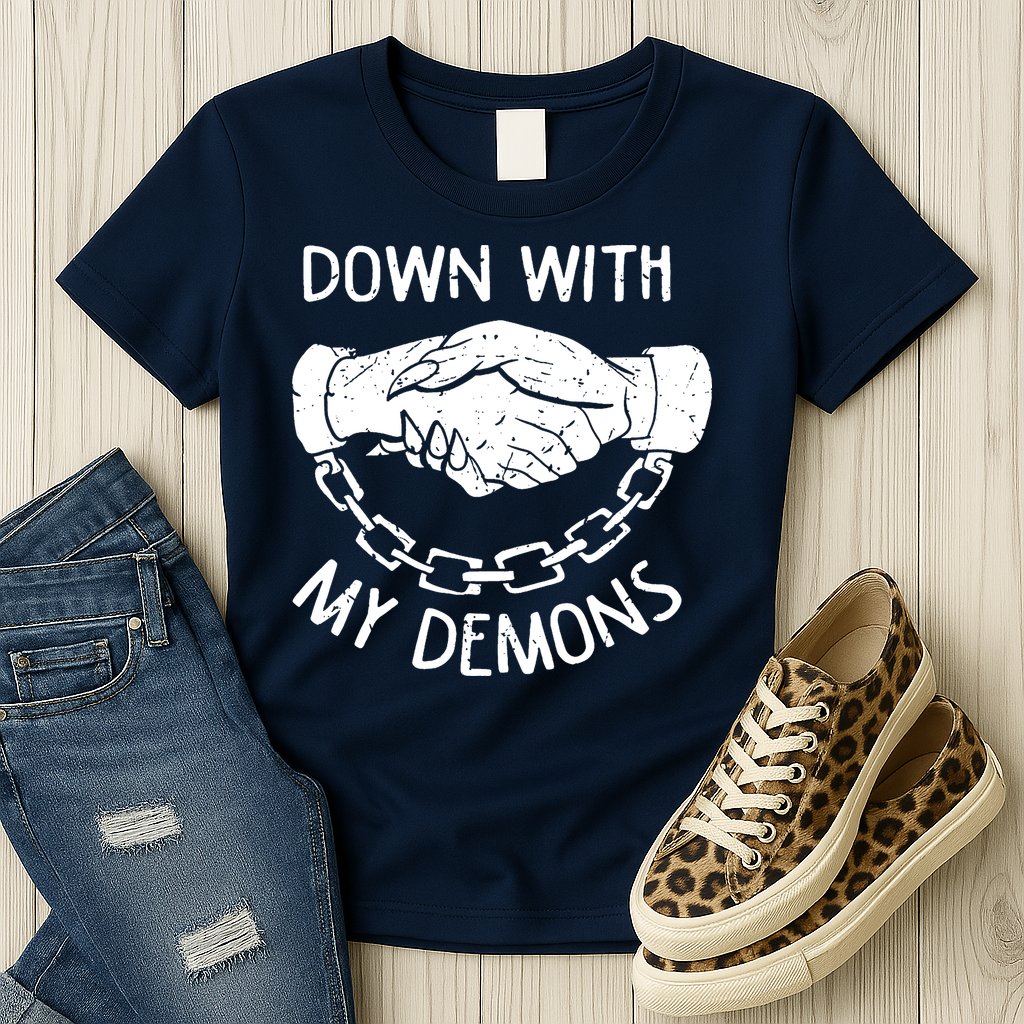 Down With My Demons Deal Handshake Aesthetic Humour Goth Womens T-Shirt