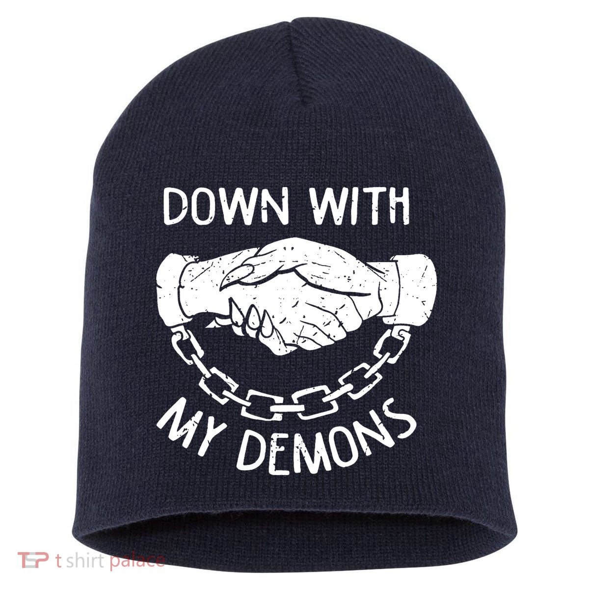 Down With My Demons Deal Handshake Aesthetic Humour Goth Short Acrylic Beanie