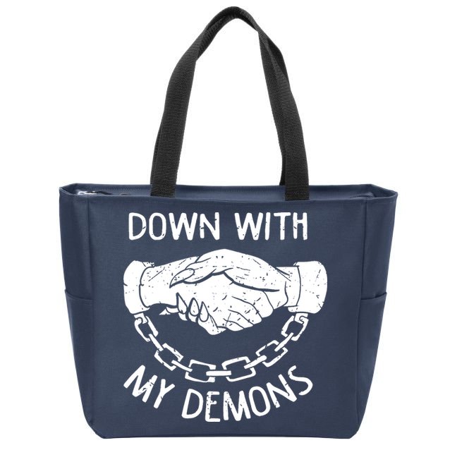 Down With My Demons Deal Handshake Aesthetic Humour Goth Zip Tote Bag