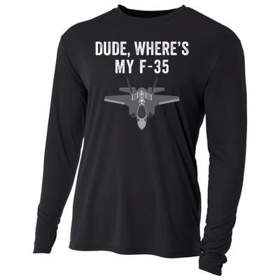 Dude Where’s My F35? Funny Missing F35 Meme Lost Gun Find My F35 Cooling Performance Long Sleeve Crew