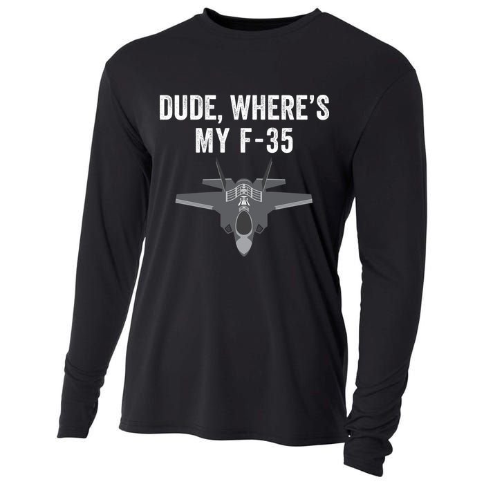 Dude Where’s My F35? Funny Missing F35 Meme Lost Gun Find My F35 Cooling Performance Long Sleeve Crew