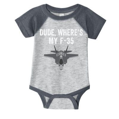 Dude Where’s My F35? Funny Missing F35 Meme Lost Gun Find My F35 Infant Baby Jersey Bodysuit