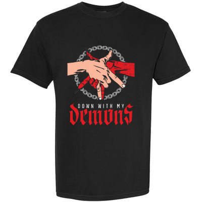 Down With My Demons Deal Handshake Aesthetic Humour Goth Garment-Dyed Heavyweight T-Shirt