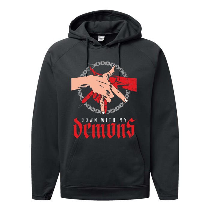 Down With My Demons Deal Handshake Aesthetic Humour Goth Performance Fleece Hoodie