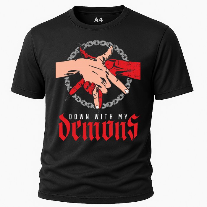 Down With My Demons Deal Handshake Aesthetic Humour Goth Cooling Performance Crew T-Shirt