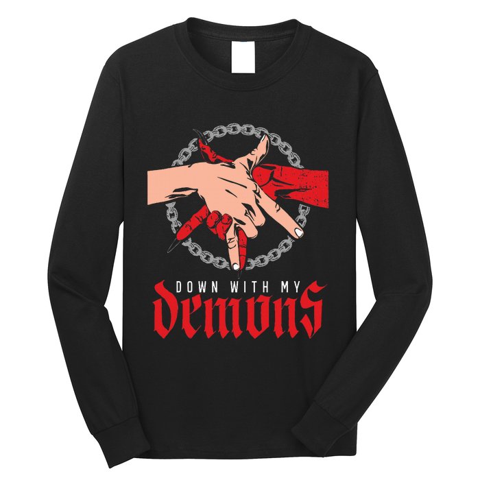 Down With My Demons Deal Handshake Aesthetic Humour Goth Long Sleeve Shirt