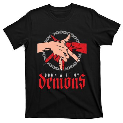 Down With My Demons Deal Handshake Aesthetic Humour Goth T-Shirt