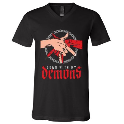 Down With My Demons Deal Handshake Aesthetic Humour Goth V-Neck T-Shirt