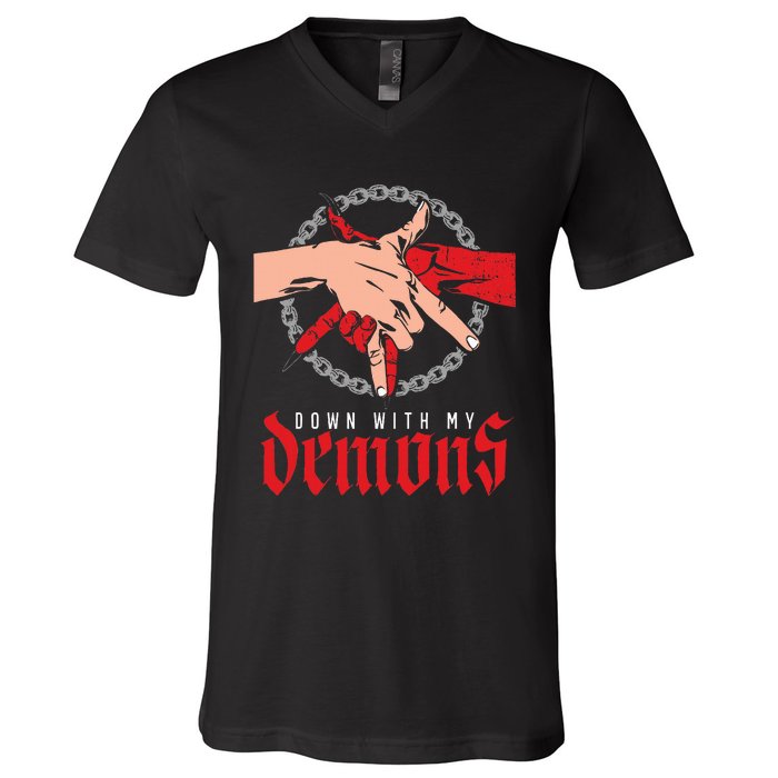 Down With My Demons Deal Handshake Aesthetic Humour Goth V-Neck T-Shirt