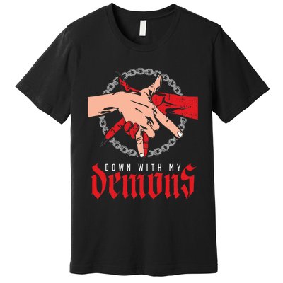 Down With My Demons Deal Handshake Aesthetic Humour Goth Premium T-Shirt