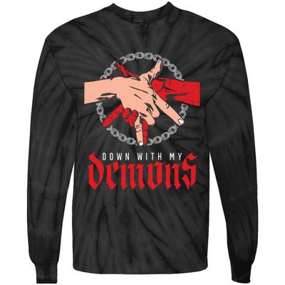 Down With My Demons Deal Handshake Aesthetic Humour Goth Tie-Dye Long Sleeve Shirt