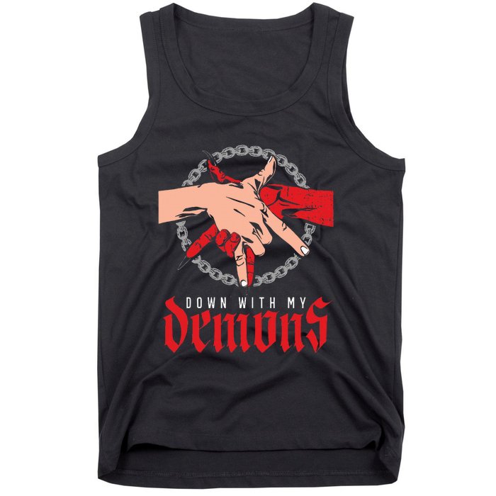 Down With My Demons Deal Handshake Aesthetic Humour Goth Tank Top