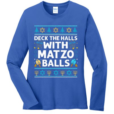 Deck Walls Matzo Balls Ugly Hanukkah Chanukah Ladies Long Sleeve Shirt