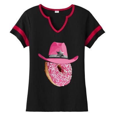 Donut Wearing Pink Cowboy Cowgirl Hat Ladies Halftime Notch Neck Tee