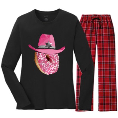 Donut Wearing Pink Cowboy Cowgirl Hat Women's Long Sleeve Flannel Pajama Set 