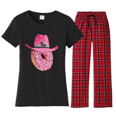 Donut Wearing Pink Cowboy Cowgirl Hat Women's Flannel Pajama Set