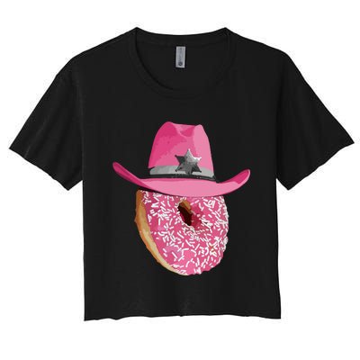 Donut Wearing Pink Cowboy Cowgirl Hat Women's Crop Top Tee